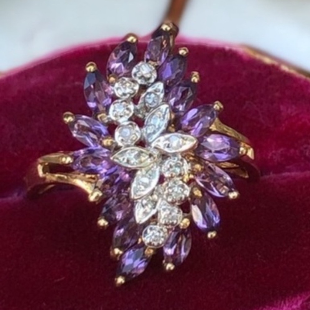 Stunning - 10k Amethyst & Diamond cluster ring dinner cocktail large w appraisal